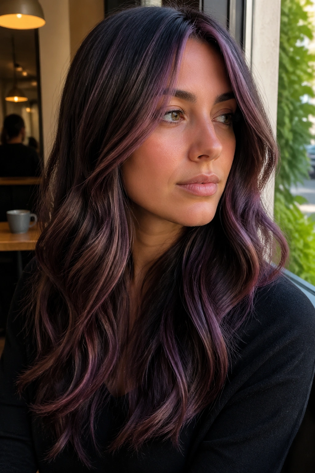 Deep brunette with mauve streaks adding cool dimension.