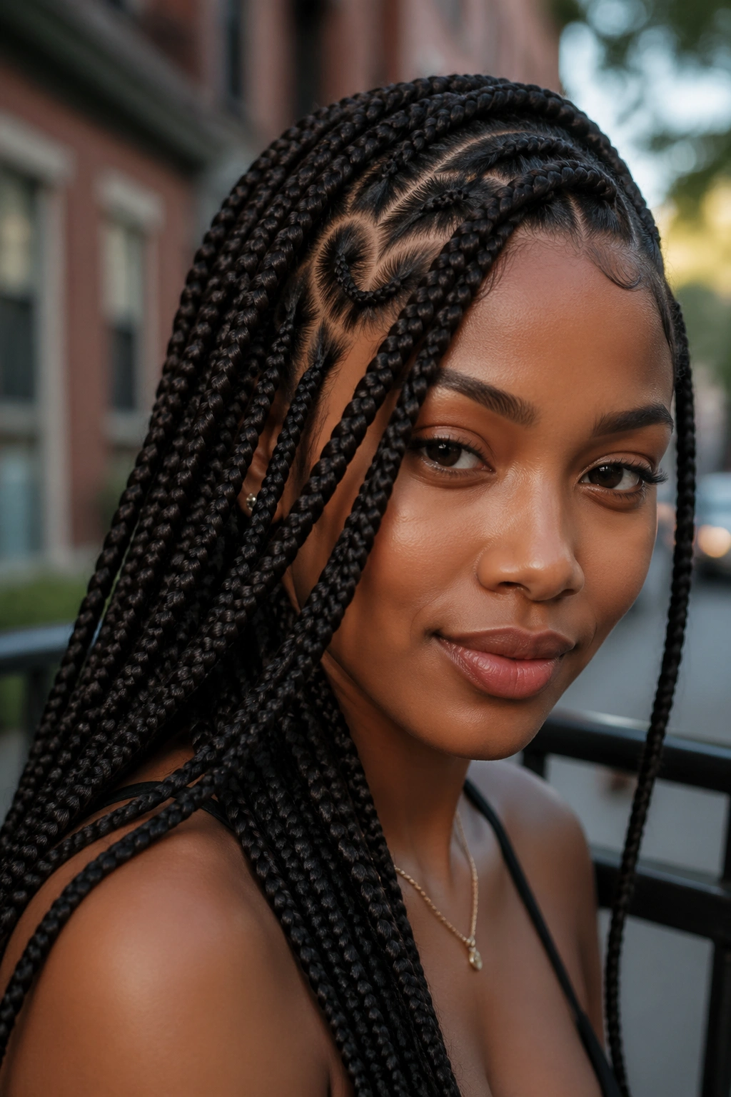 Close-up of medium box braids with a side heart swoop on a real woman