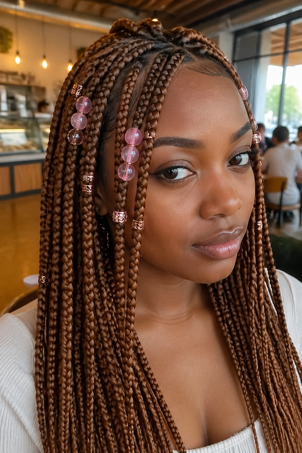 Close-up of a real woman with caramel brown medium braids pink beads cuffs