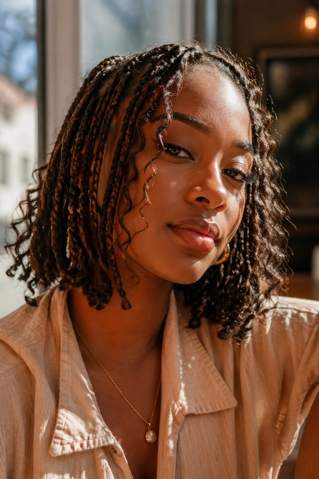 Portrait of a person with medium braids and wispy curls in sunny cafe light.