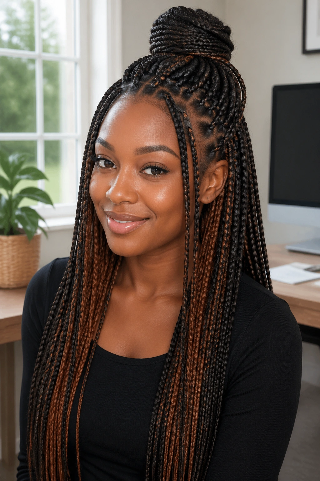 Portrait with half-up, half-down braids showing medium brown peekaboo panels