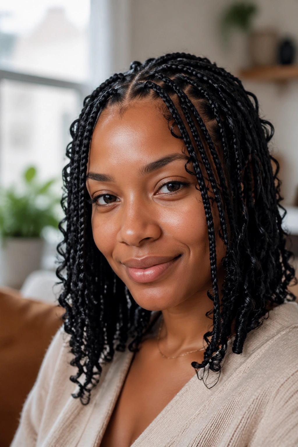 Close-up portrait of a real woman with medium butterfly braids in a home setting