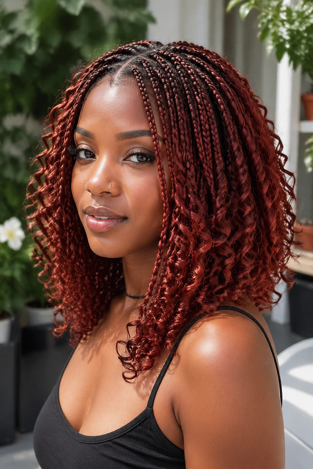 Medium-length red boho braids with extra curl density on a real person in a garden setting