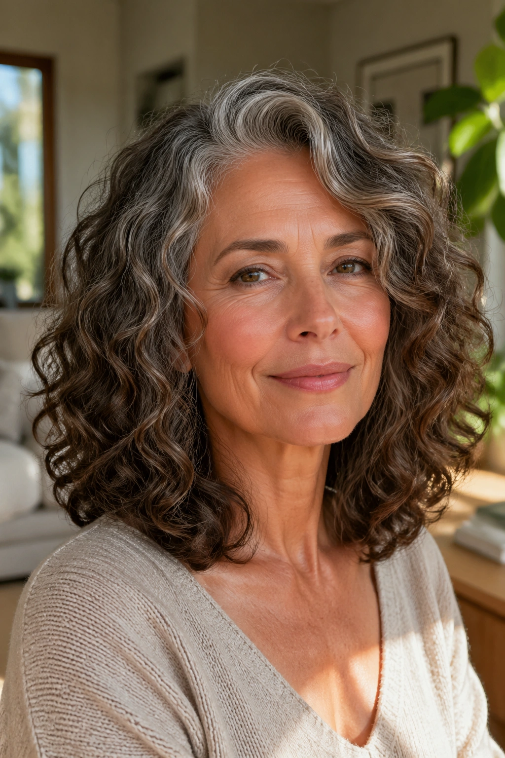 Real woman with medium-length U-shape haircut framing her face