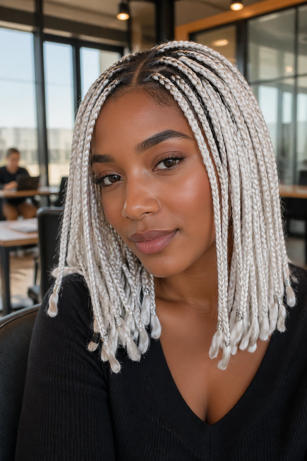 Real woman with medium-length white box braids in a casual daylight setting.