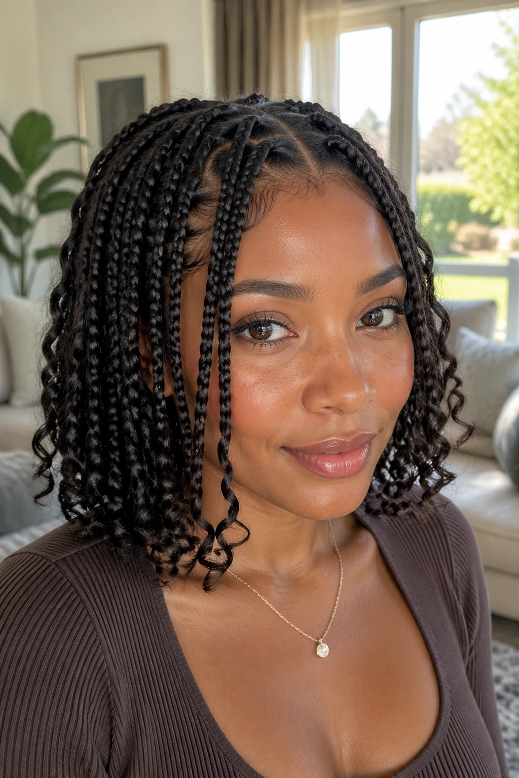 Close-up of real person with medium-part knotless boho braids in short length