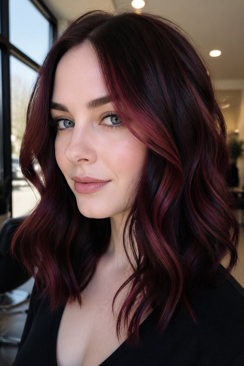 Close-up of a real woman with merlot balayage on dark brunette base, face-framing ribbons in natural daylight.