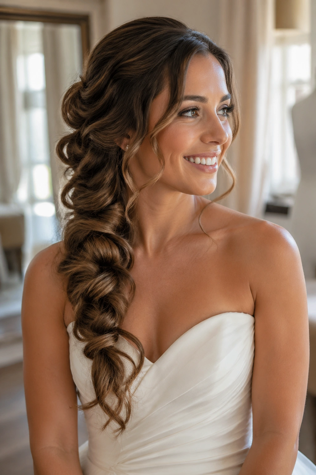 Close-up of a real bride with a chunky mermaid braid over one shoulder beside a strapless gown