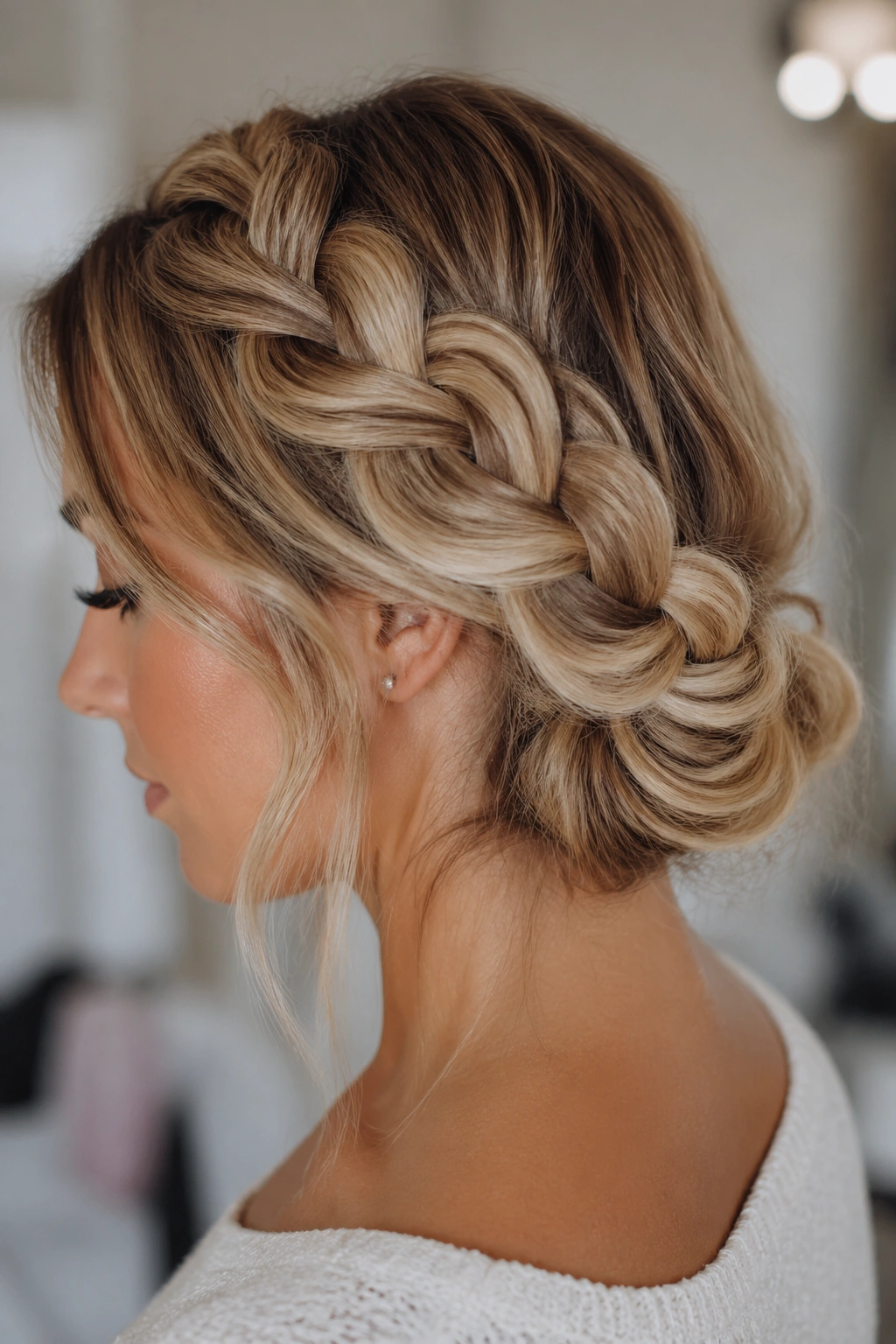 Close-up of a real person with a tucked-under mermaid braid chignon