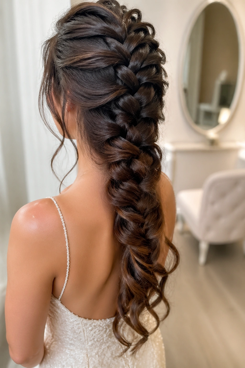 Close-up of a real woman with a mermaid braid and loose curled ends in a bridal suite