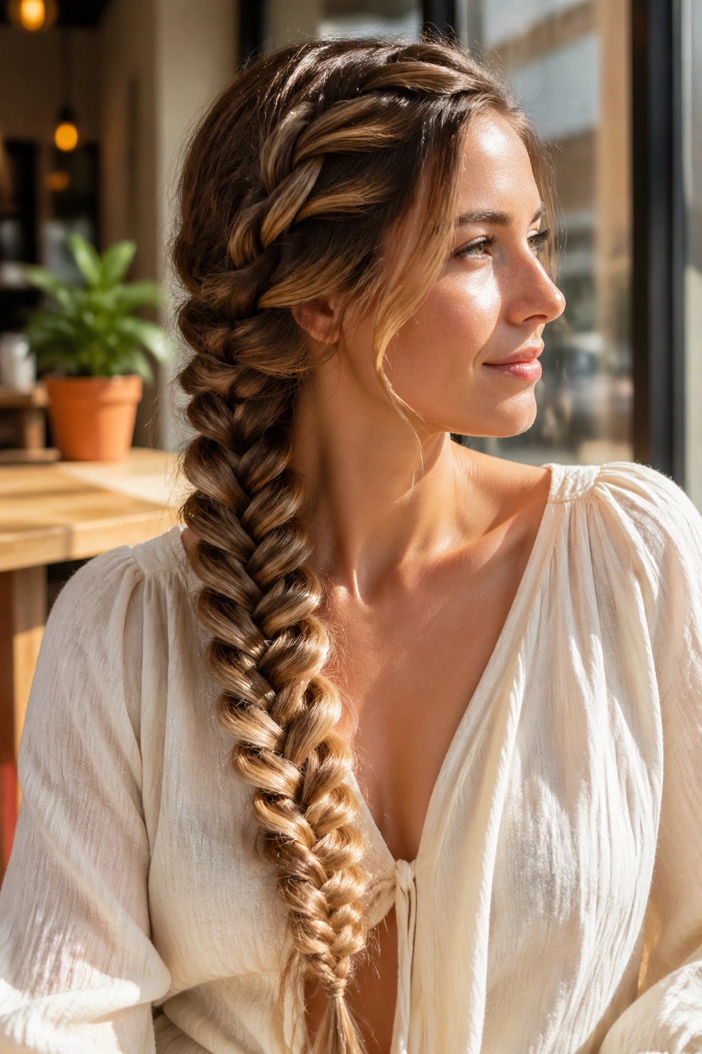 Close-up of a real woman with a side-swept mermaid braid over her shoulder in natural cafe light.