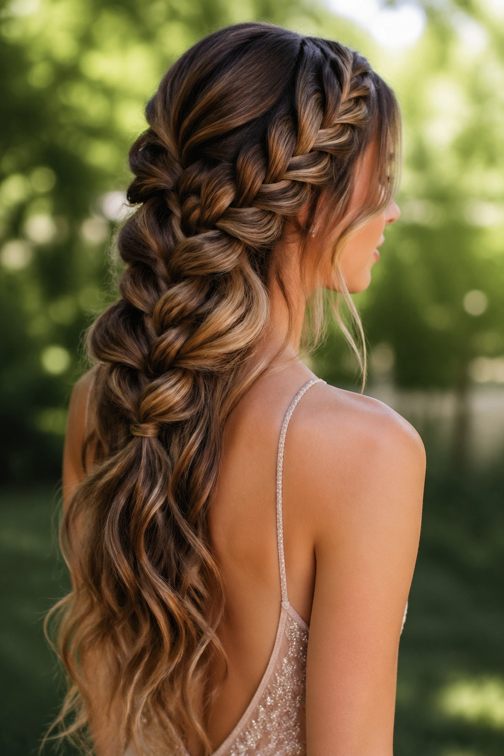 Close-up portrait of a real woman with a mermaid braid and soft waves in a sunlit outdoor setting