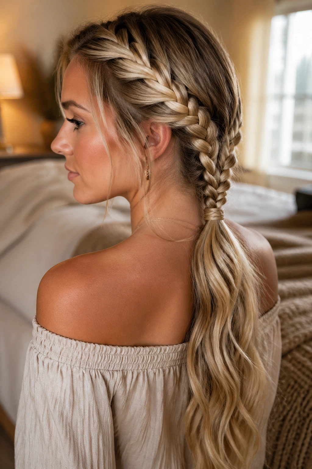 Close-up portrait of a real woman with twin mermaid braids joining at the nape into one tail