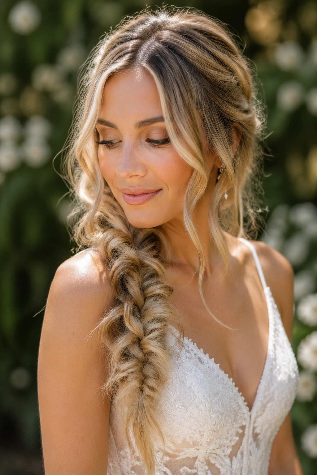 Bride with soft mermaid fishtail braid and beachy waves in garden setting