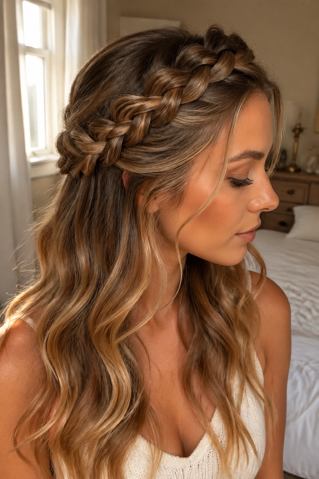 Close-up portrait of a real woman with a half-up mermaid crown braid above the ears in warm window light.