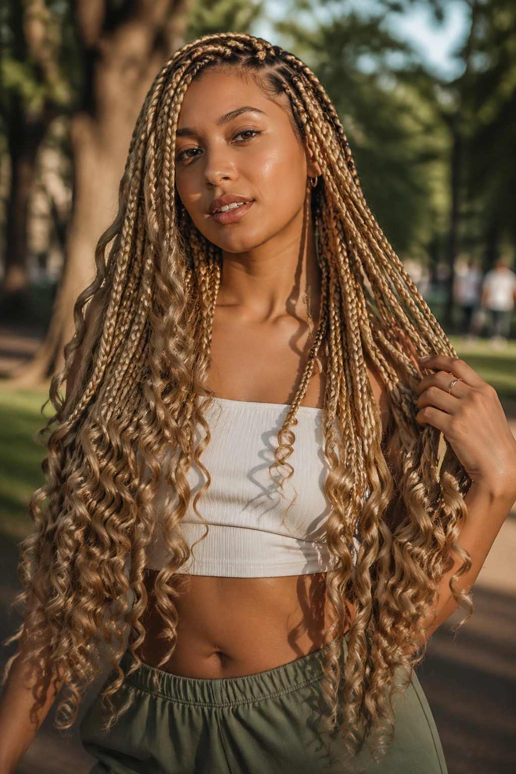 Portrait of real woman with mermaid-length blonde box braids and loose spiral ends.