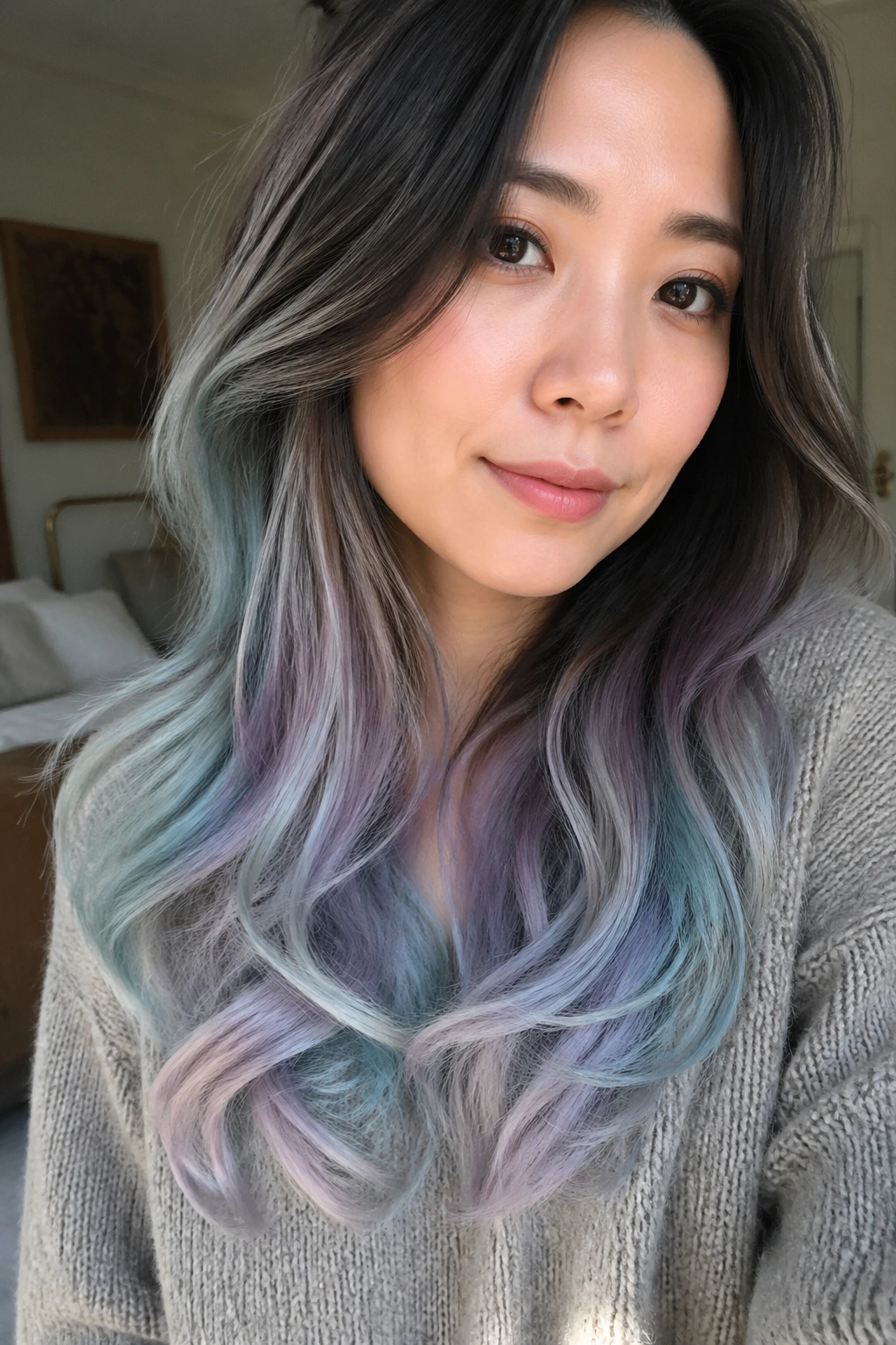Close-up of a real woman's mermaid pearl ends hairstyle with aqua, seafoam, lilac ends.