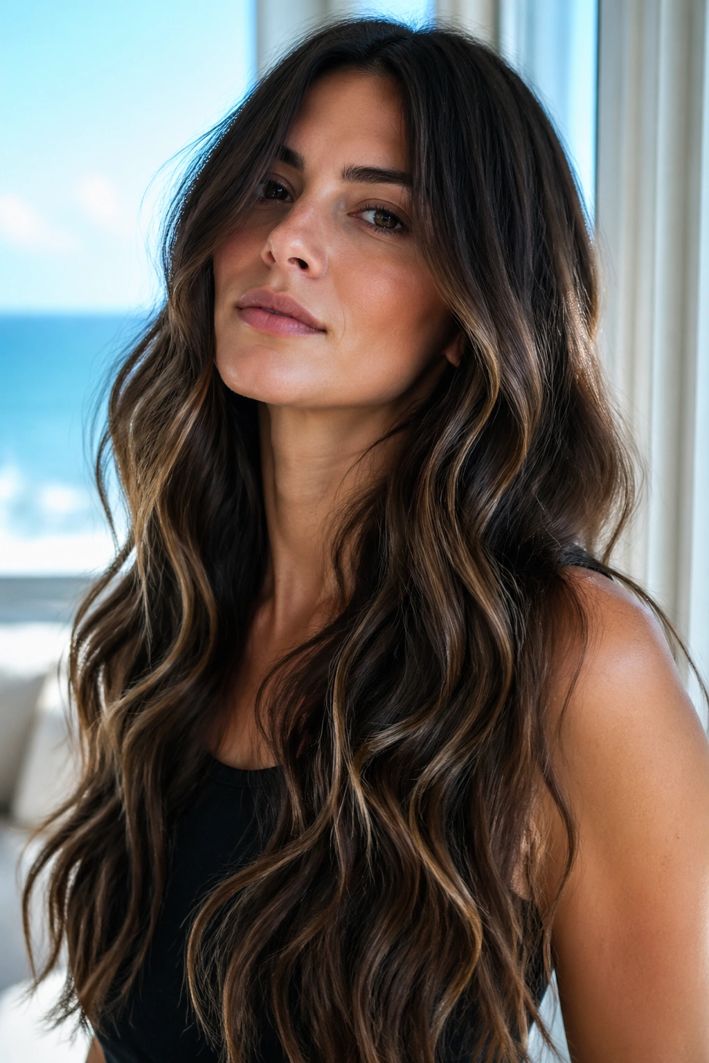 Close-up of a real woman with long mermaid waves and subtle layering