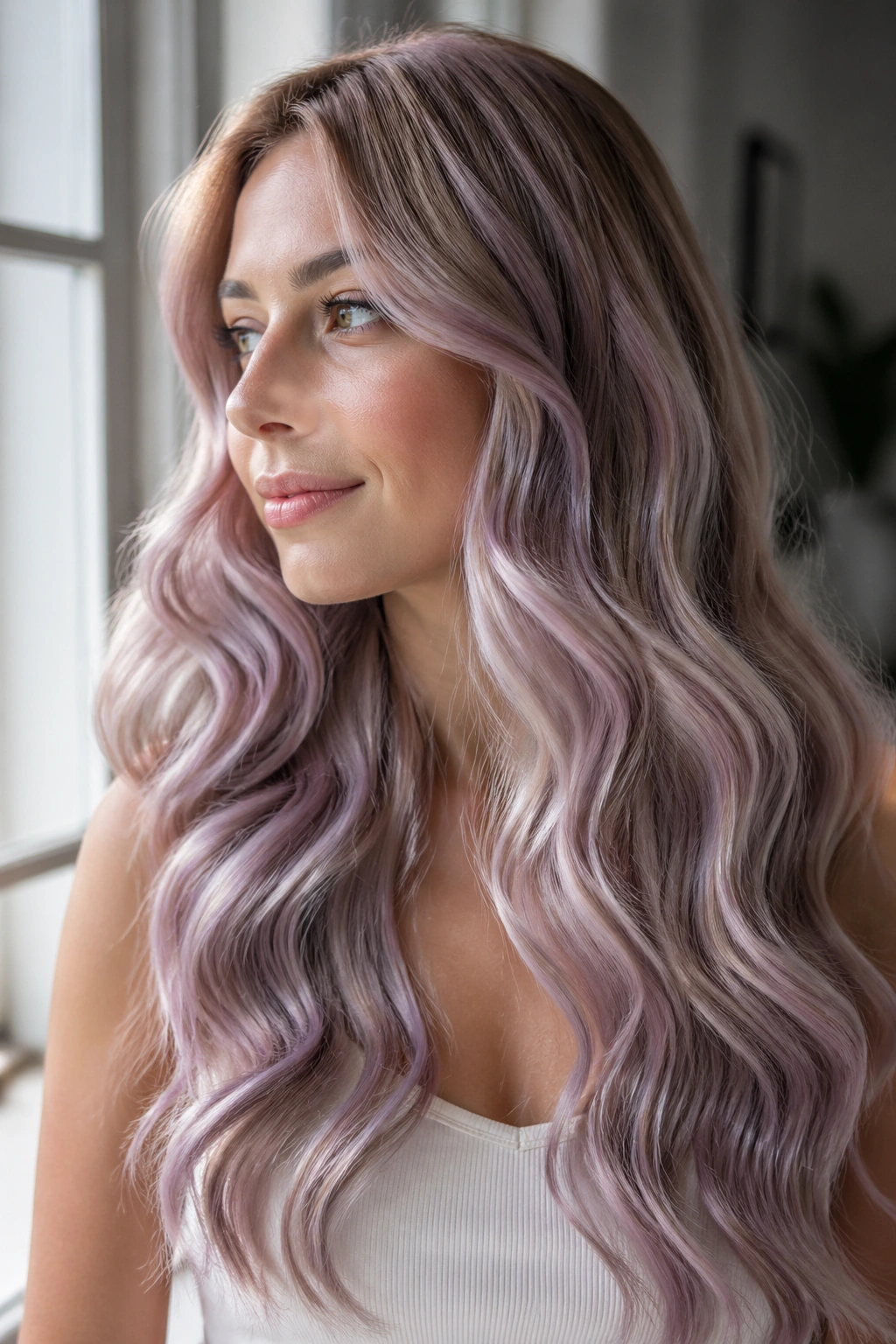 Close-up portrait of a real woman with long mermaid waves in smoky lilac glaze