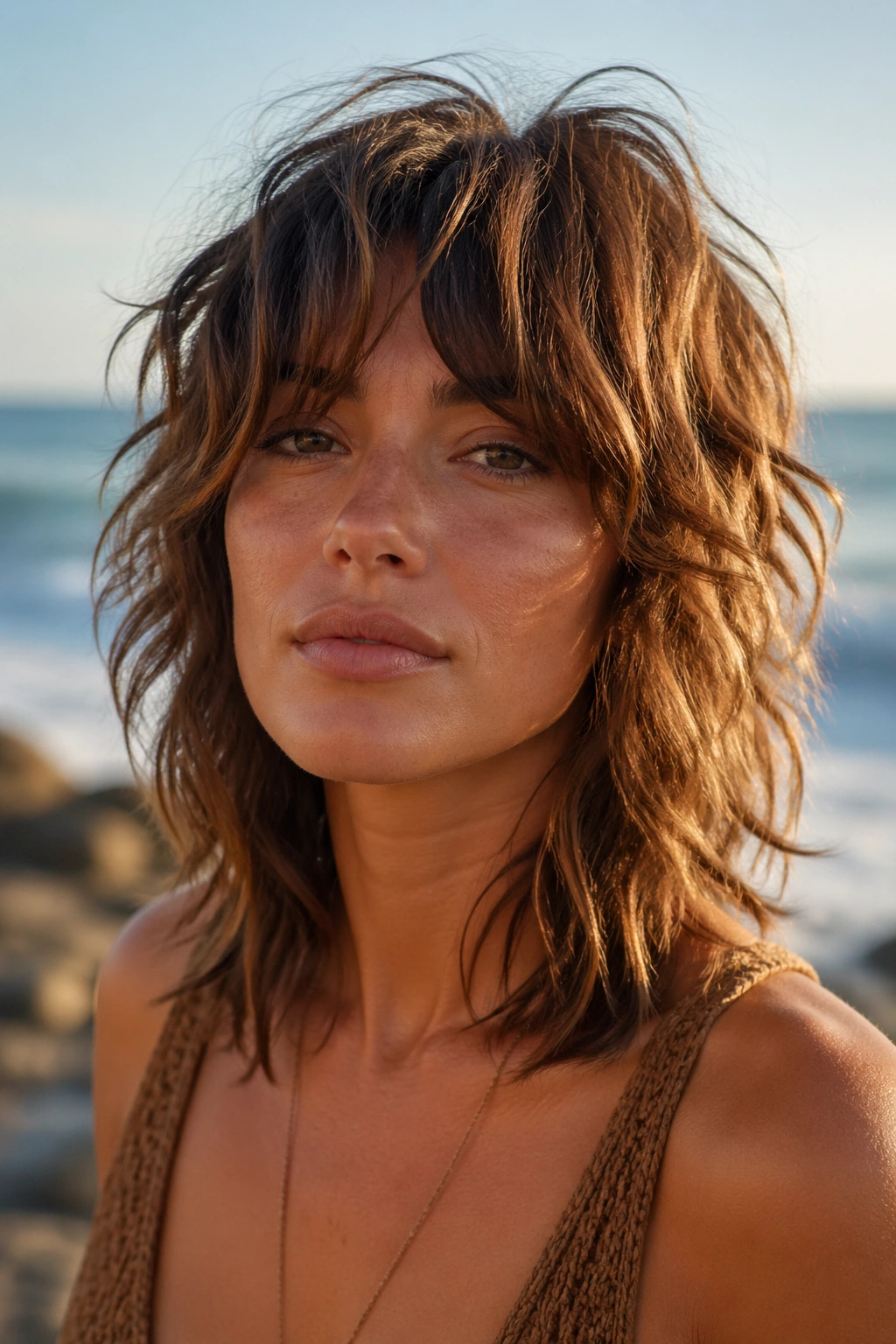 Close-up portrait of a real person with messy beach shag by the sea