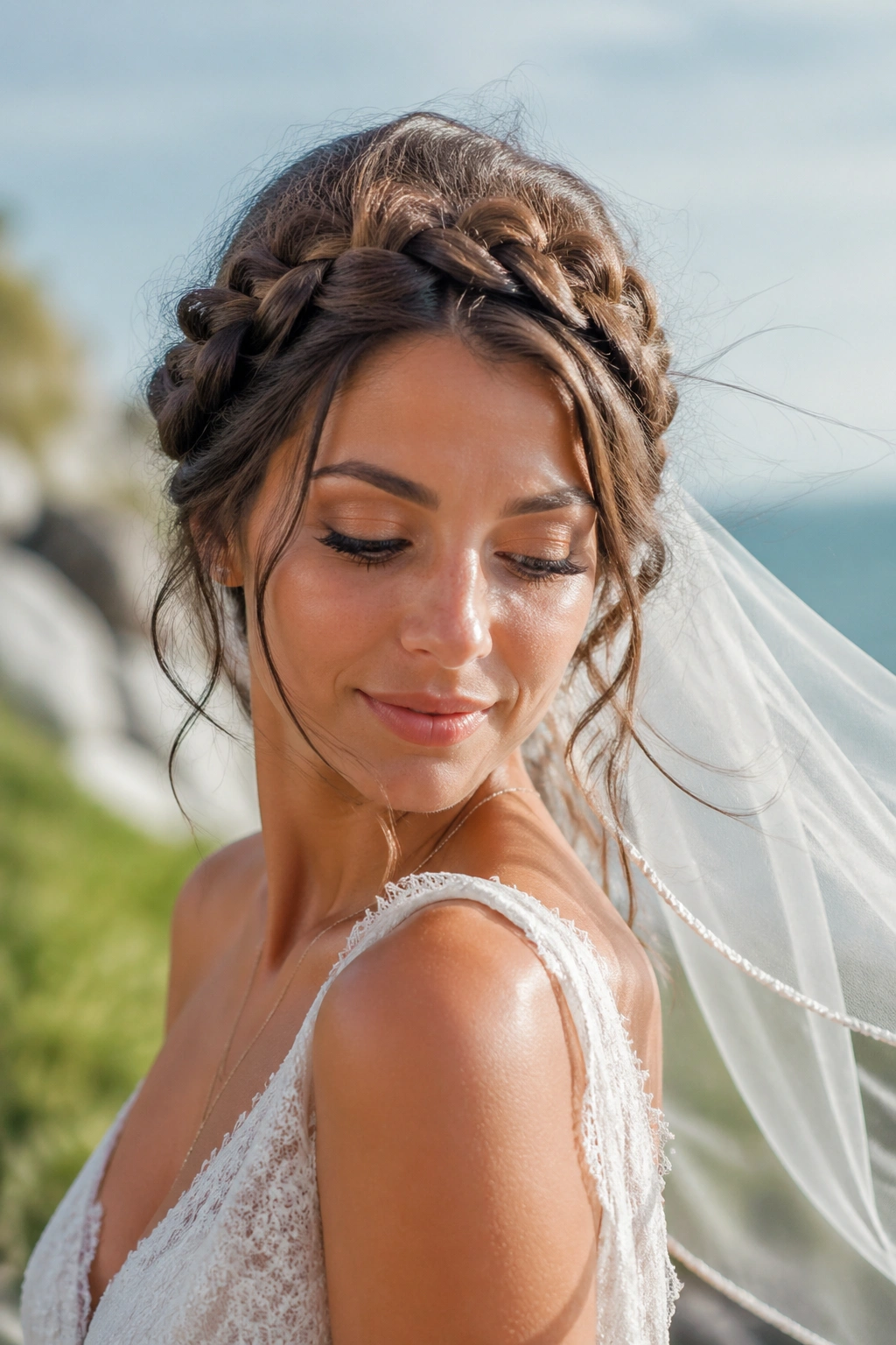 Close-up of a real bride wearing a messy boho halo braid