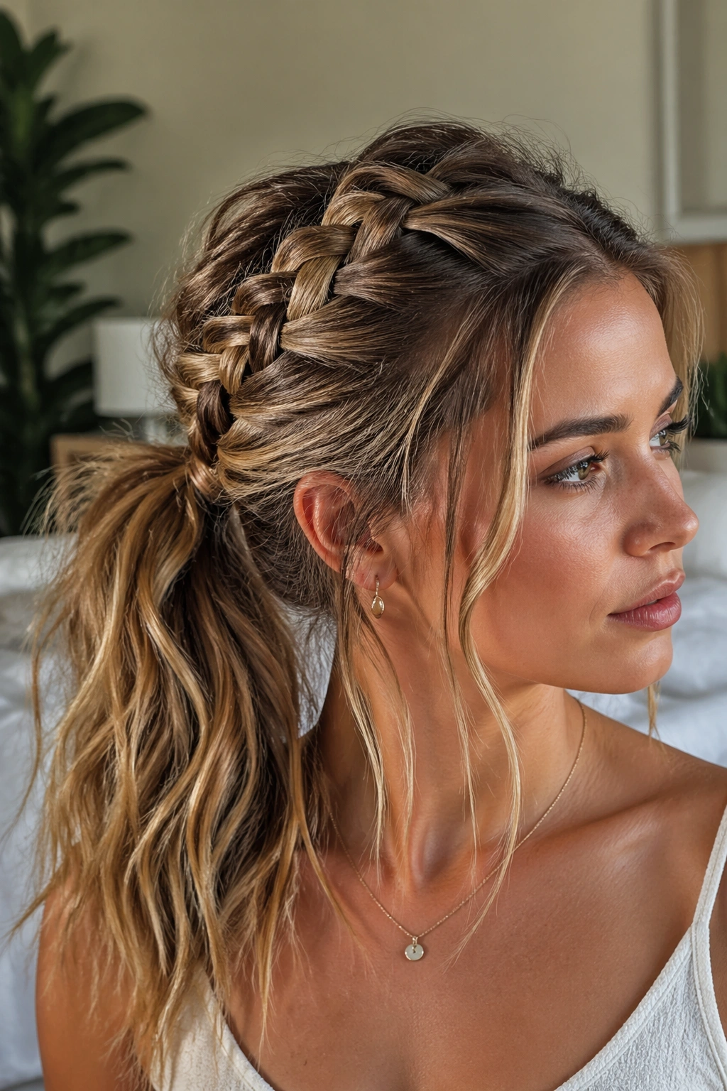 Close-up of a real woman wearing a messy French braid ponytail with face-framing pieces