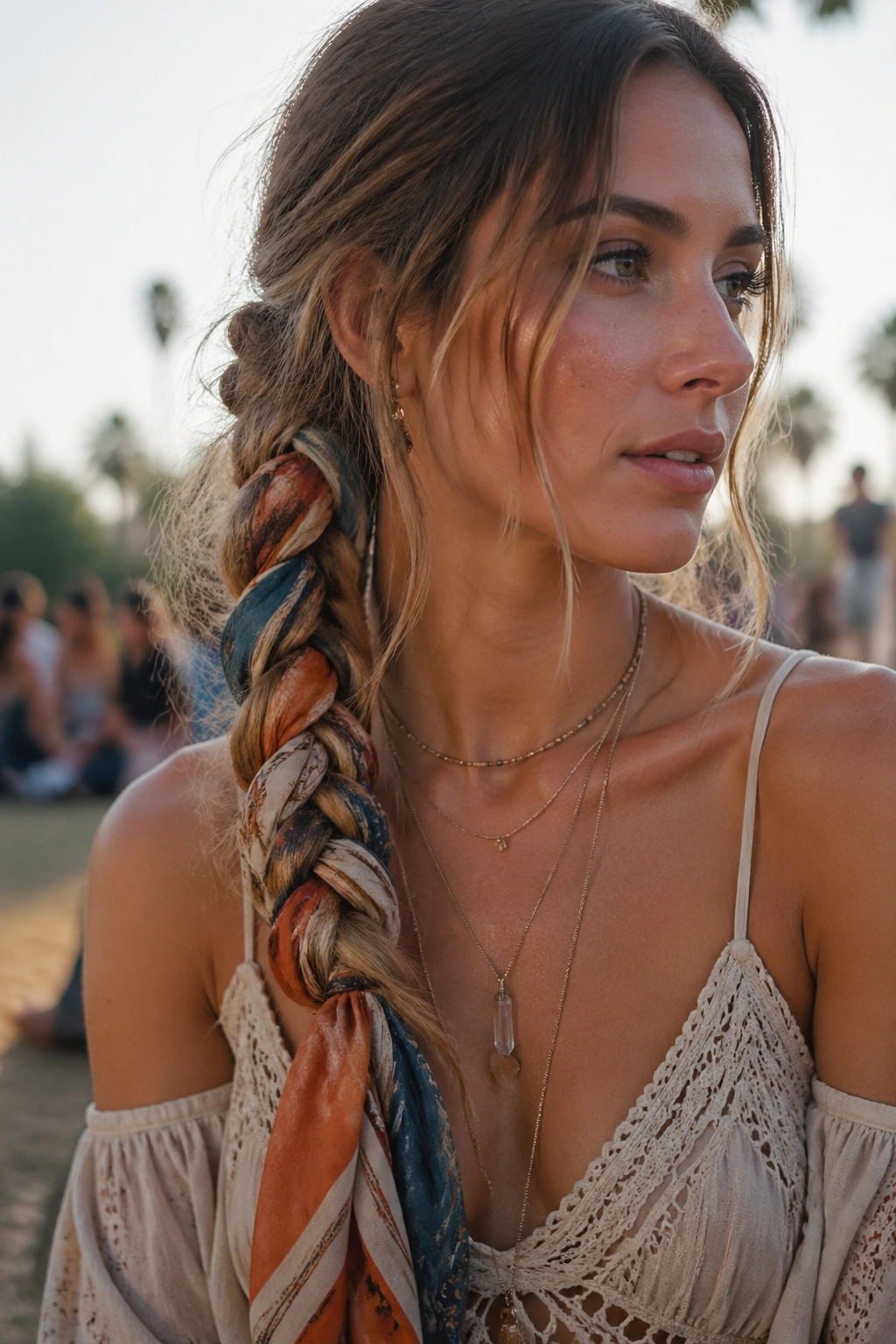 Close-up of real woman with messy braid scarf wrap hairstyle at an outdoor event