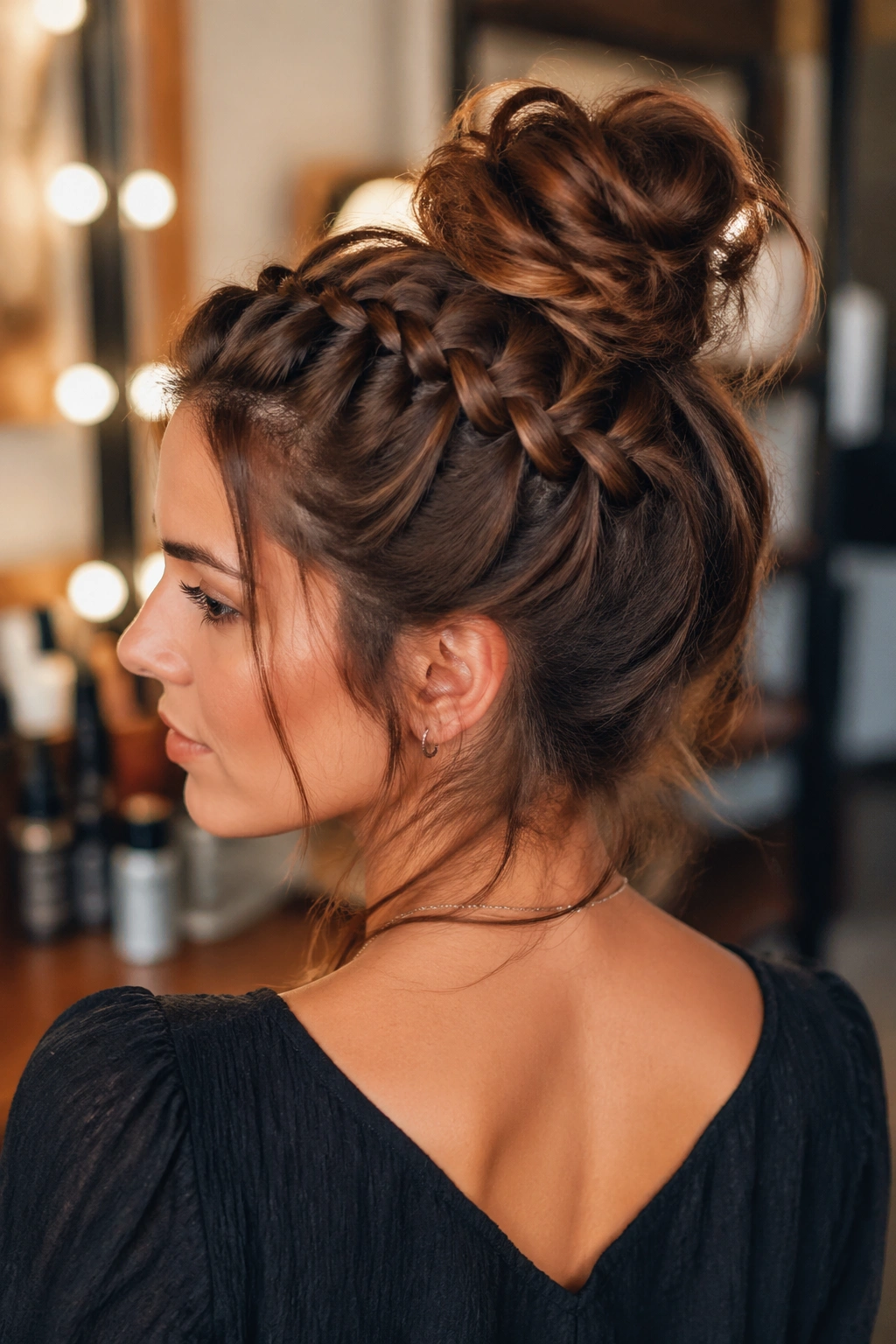 Real woman with a half-up braid ending in a messy crown bun, wispy strands at the ears