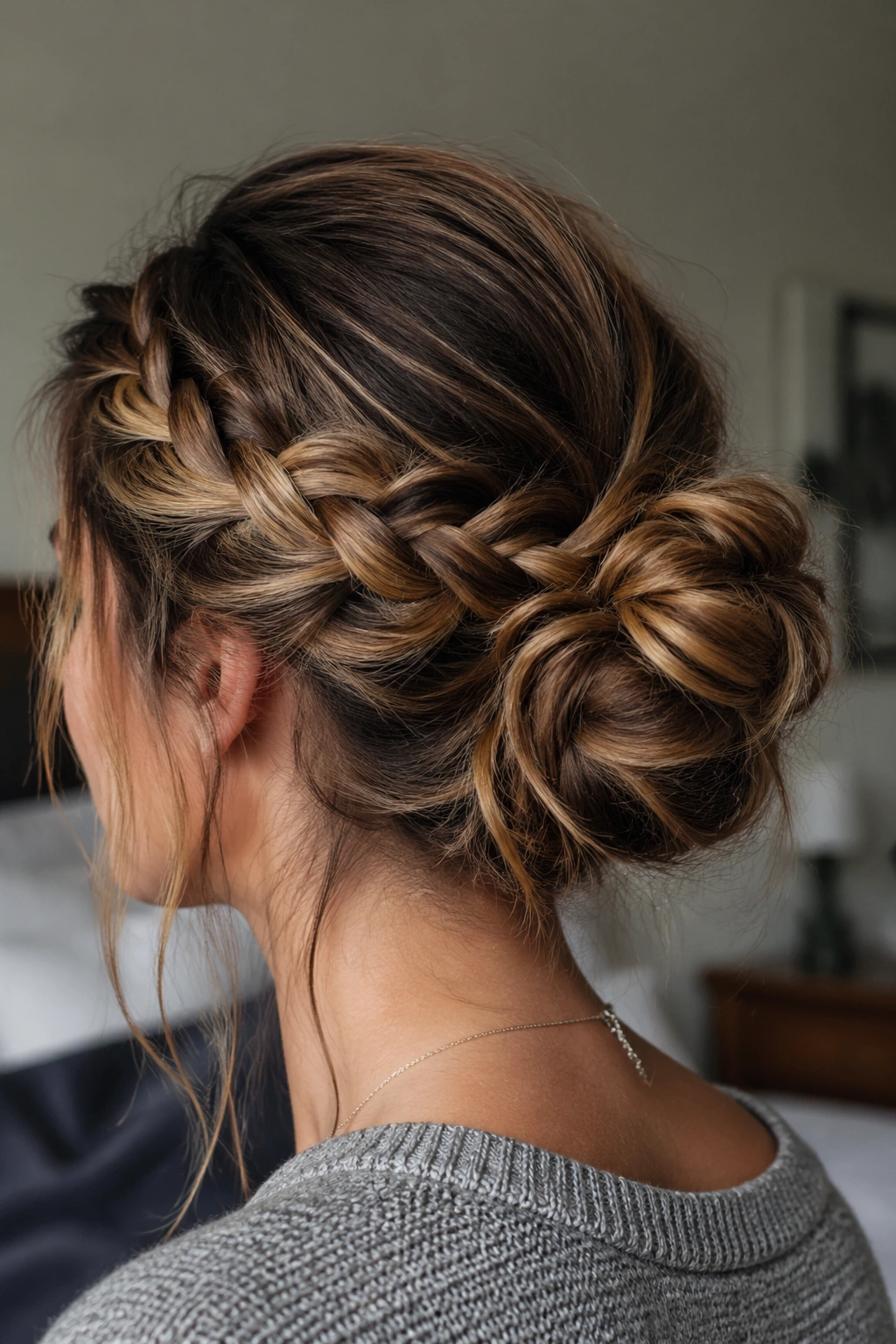 Back-of-head shot of a real person with a messy braided sockless bun