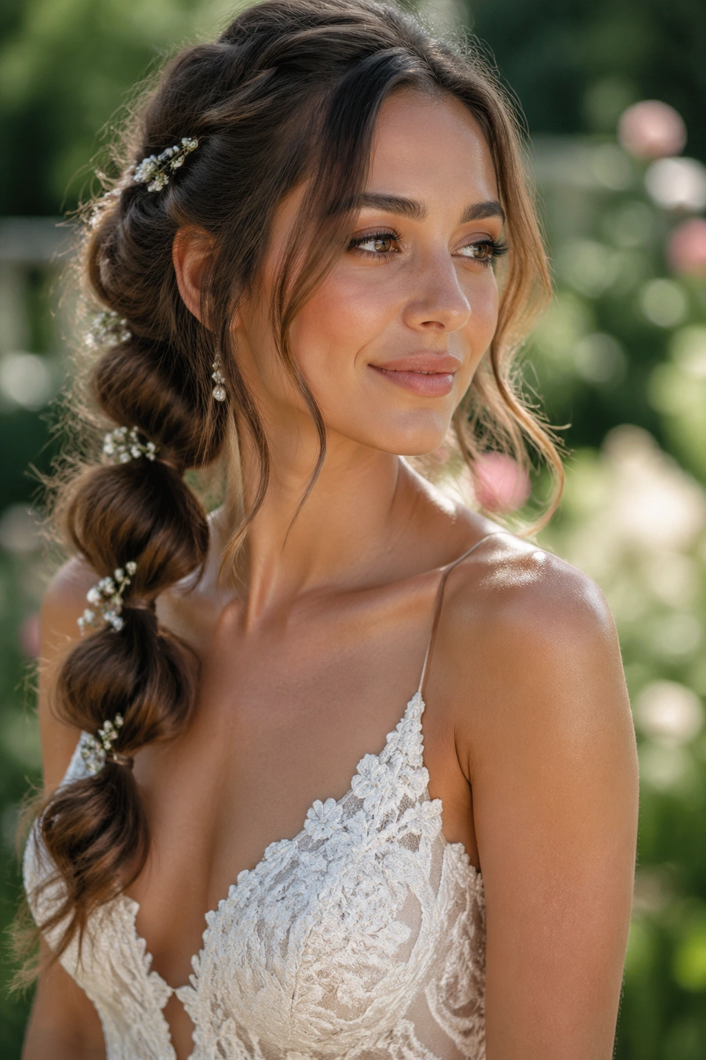 Close-up of a bride with a loose bubble braid and face-framing pieces in a garden setting