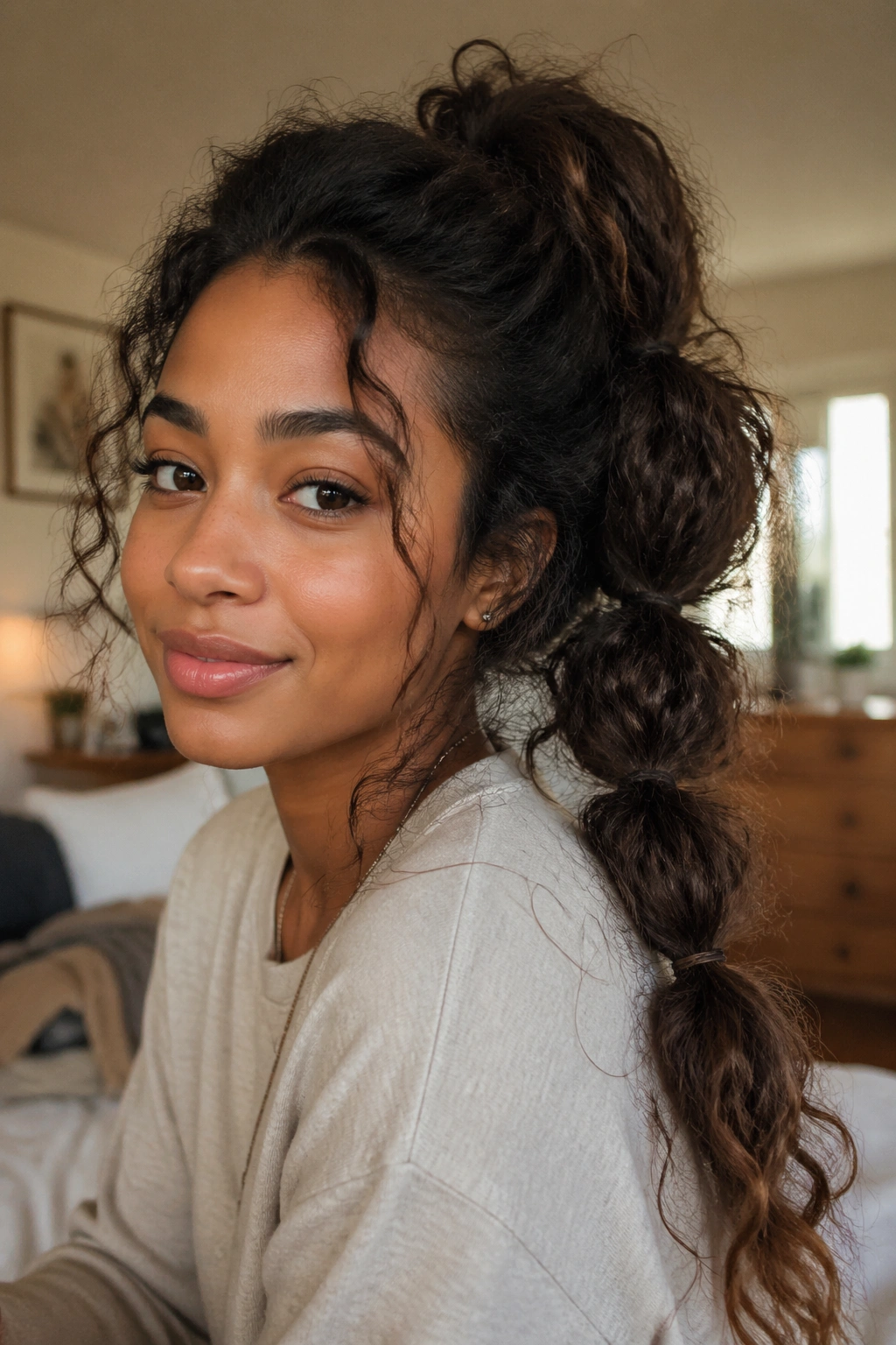 Real woman with a messy bubble ponytail showing day-three hair in soft morning light