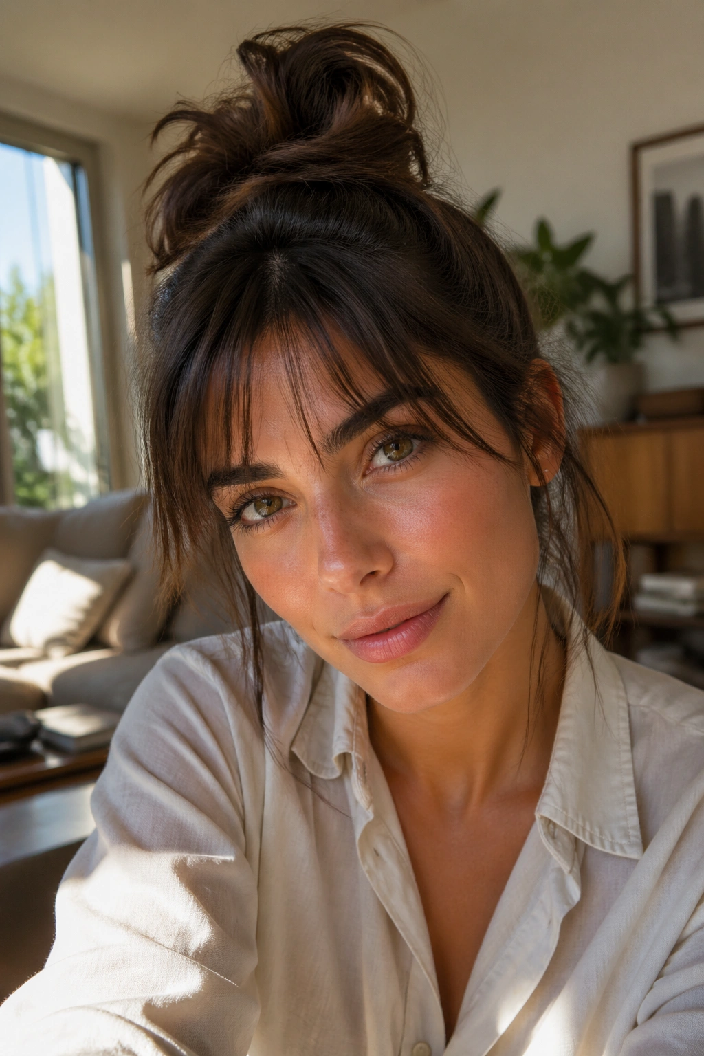 Portrait of a woman with a messy bun and airy fringe in a sunlit room.