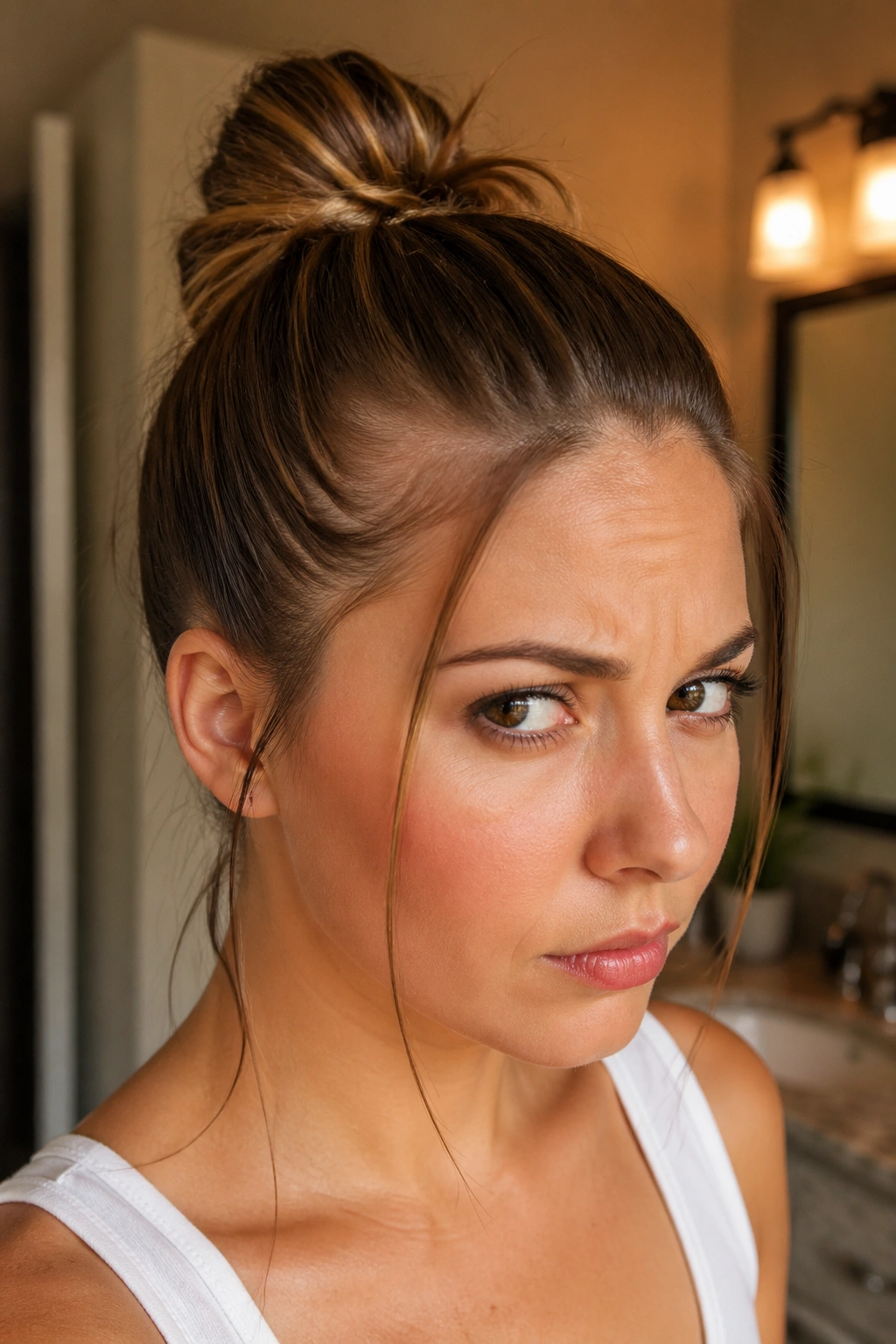 Portrait showing a bun that looks too tight with uneven face-framing pieces