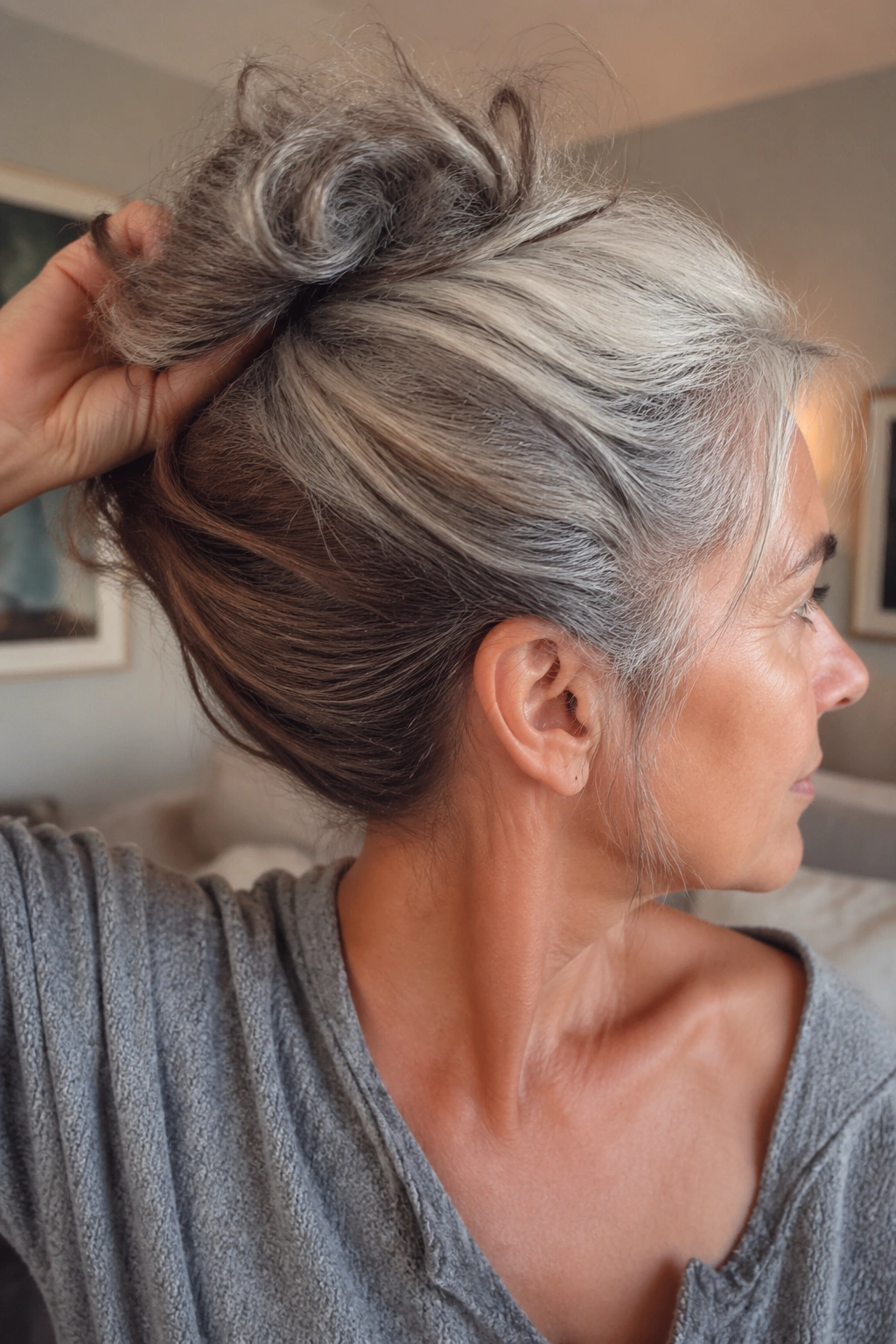 Portrait of a real woman in a messy bun revealing brown underlayer lowlights with gray hair