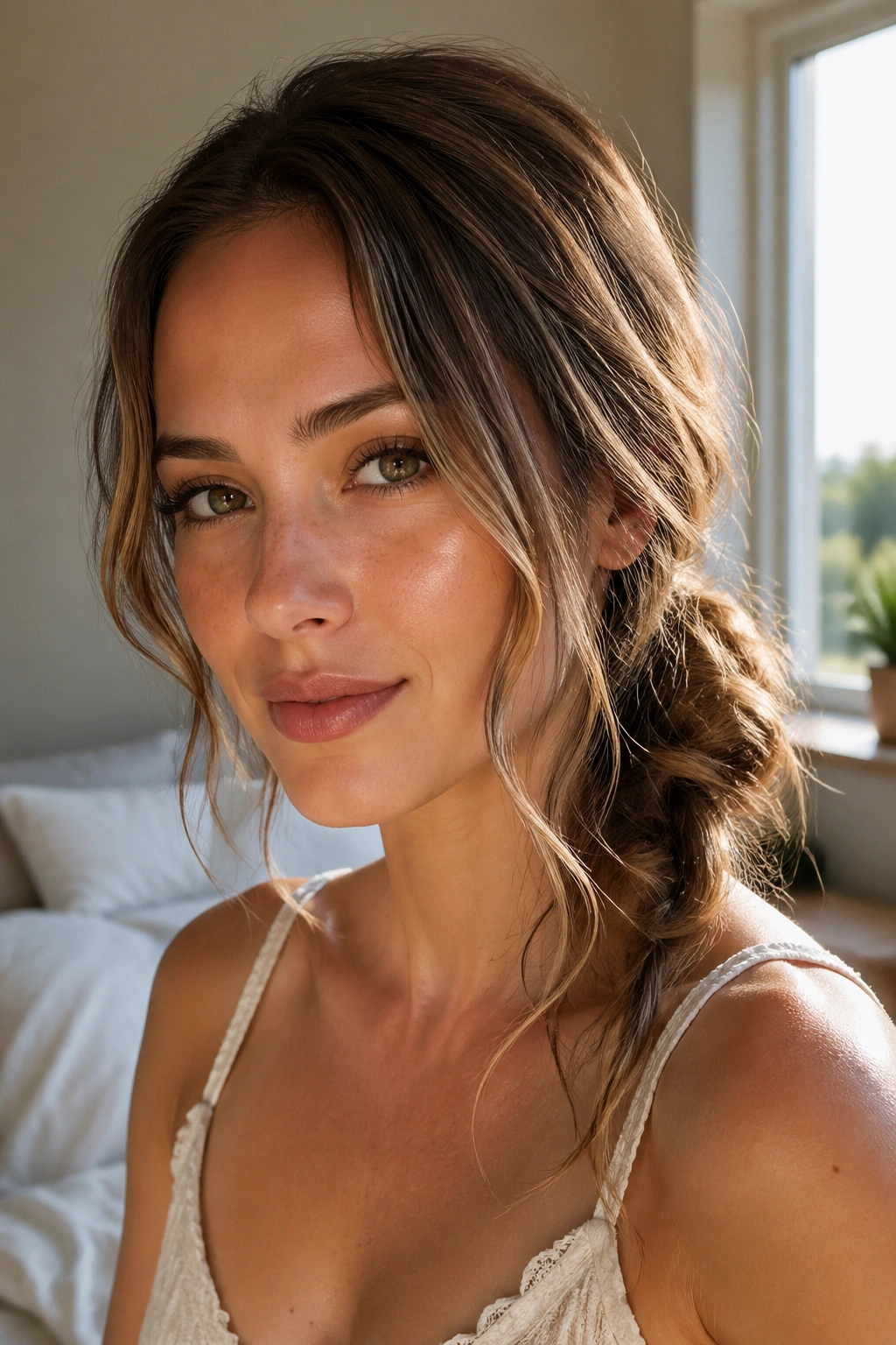 Close-up of a woman with a side-swept messy bun and wispy face-framing layers in warm window light