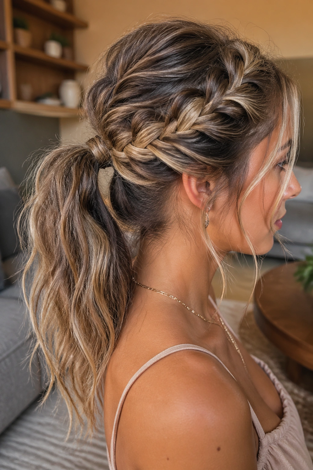 Real woman with messy butterfly braid ponytail and dry texture in warm daylight