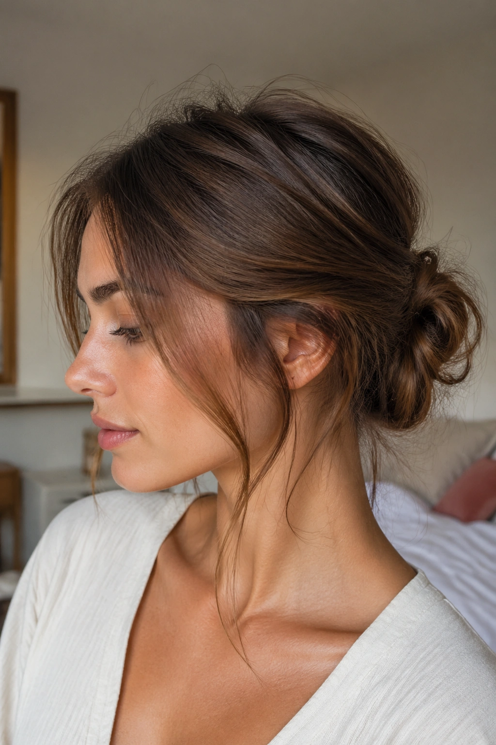 Close-up portrait of a real woman with a messy chignon at the nape and soft wisps