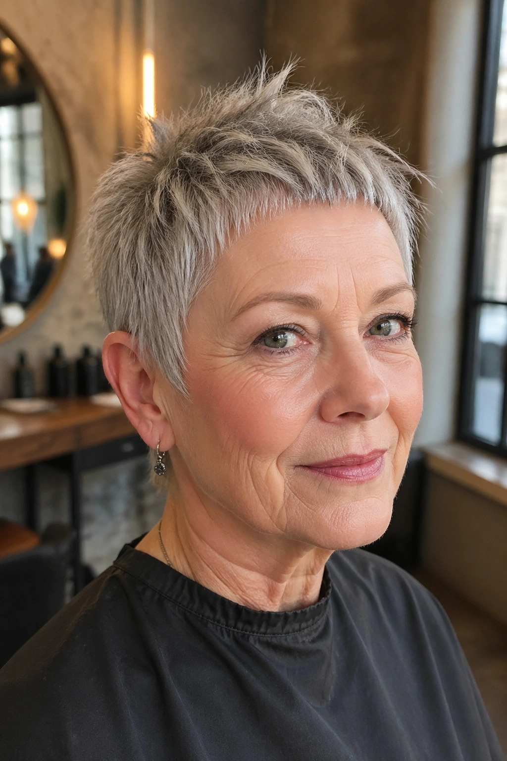 Close-up portrait of a real woman with a messy crop and micro fringe in warm salon light