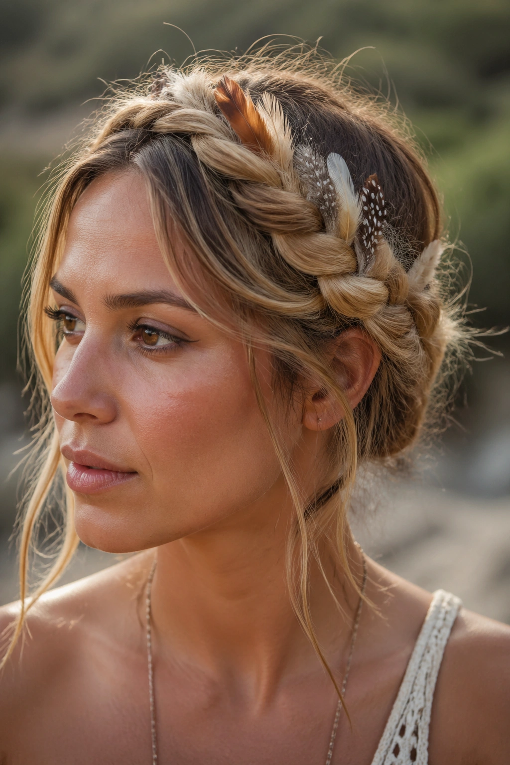 Close up of messy crown braid with feathers on a real woman outdoors