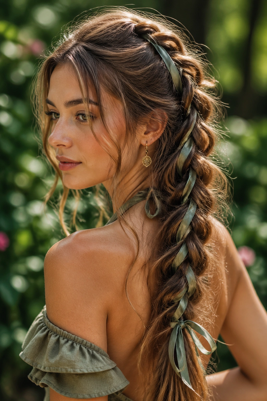 Close-up of a real woman with a messy dragon braid and pulled-out ribbons in natural daylight
