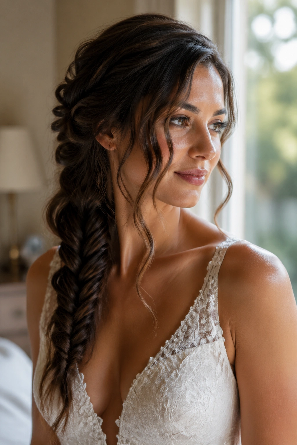 Bride with a messy fishtail braid and front S-curled pieces framing her face