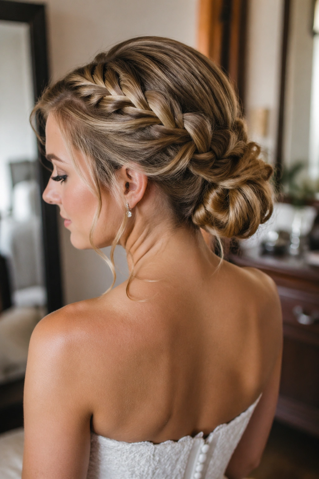 Portrait of a real bride with messy French braid into a bun at the nape
