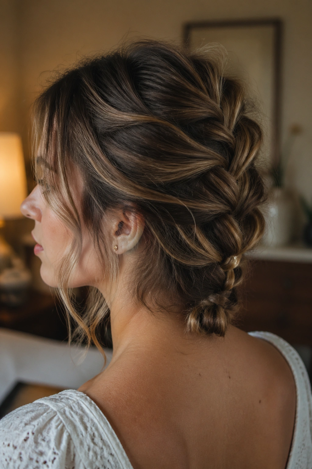 Close-up of a real woman with a messy French braid ending at the nape