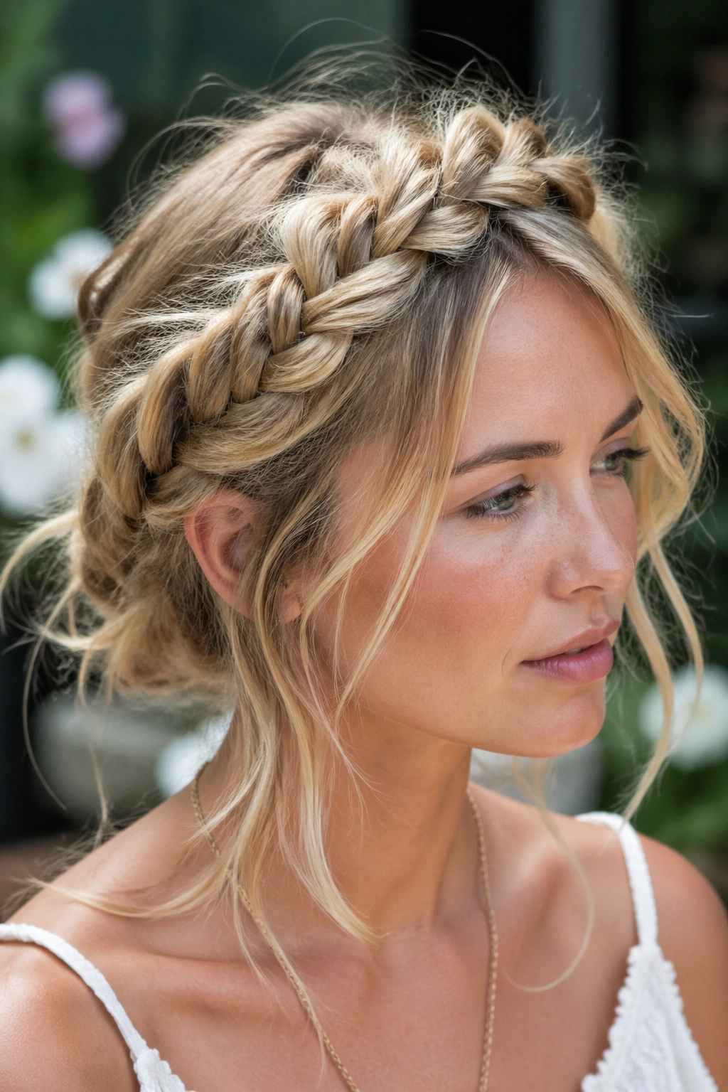 Close-up of a real woman wearing a messy halo braid with loose wisps around the crown
