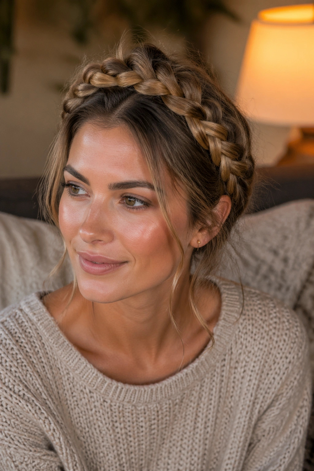 Close-up of a real woman wearing a messy halo braid headband around the head