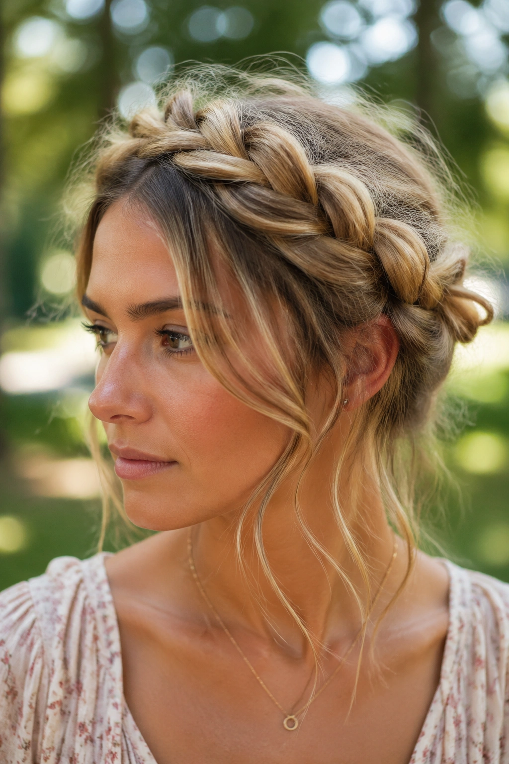 Portrait of a woman with an undone halo braid in a park