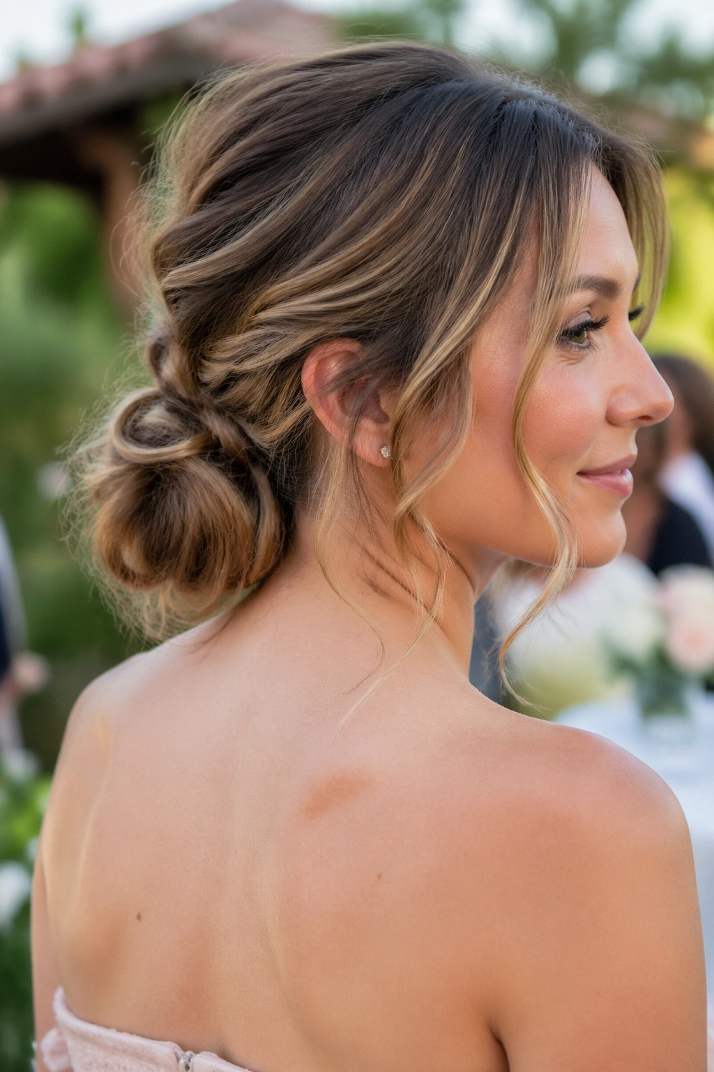 Shoulder-length hair in a loose knot with face visible in garden setting