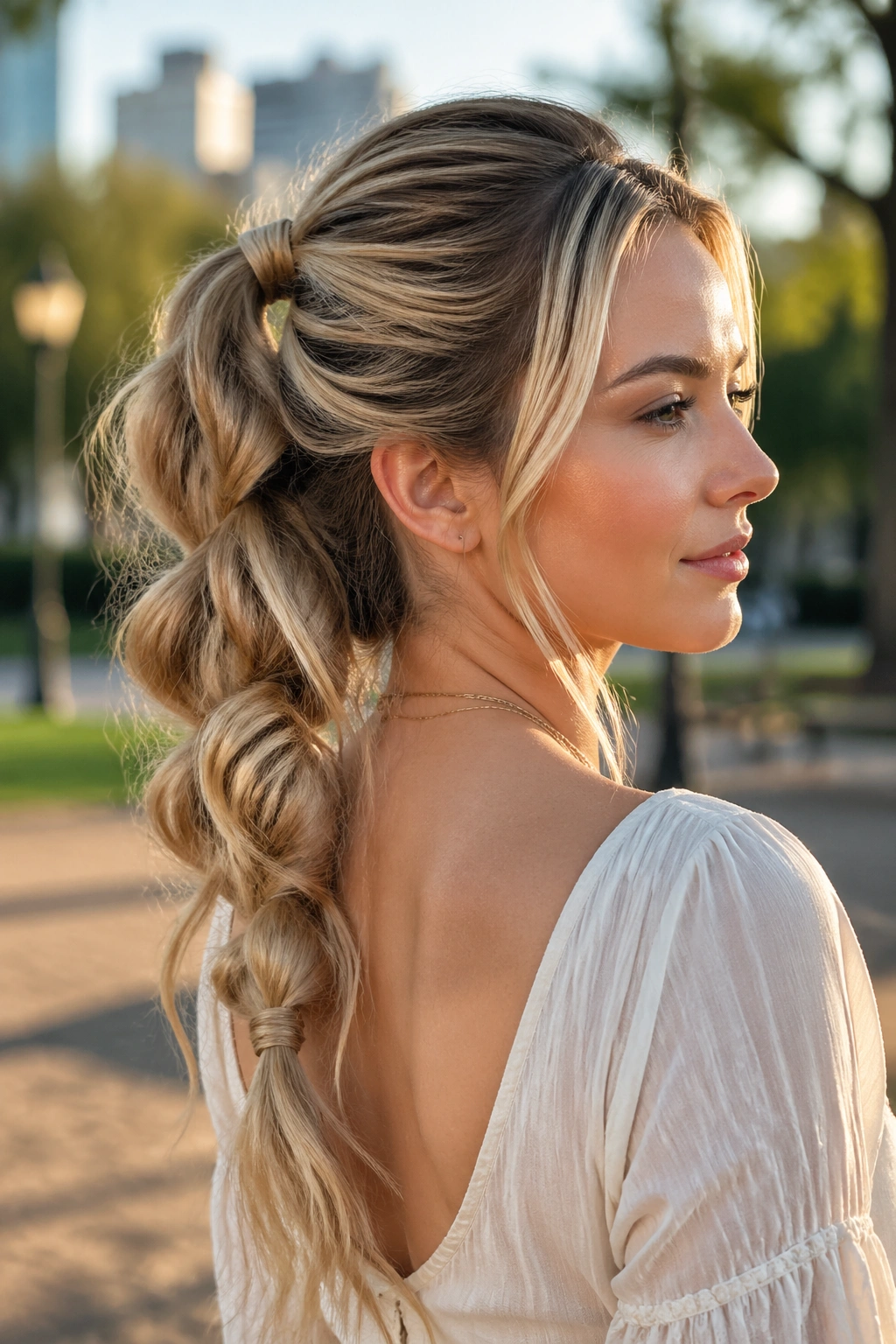 Close-up of a real woman with a messy mermaid pony braid and undone texture.