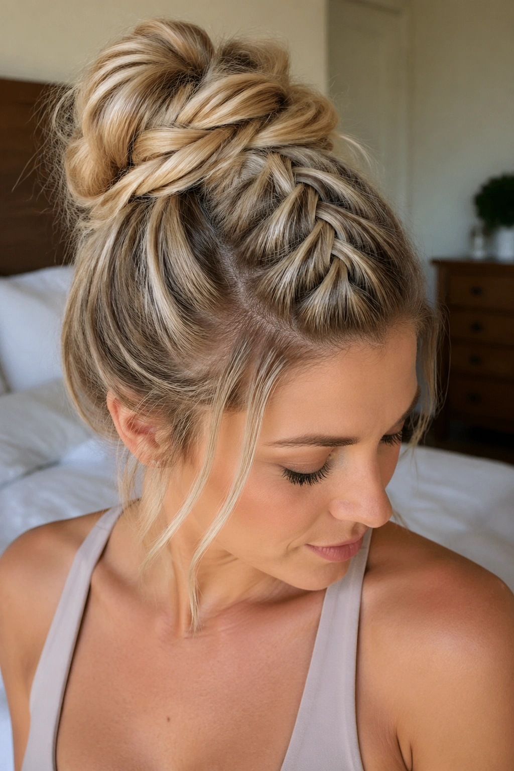 Close-up of a real woman with a messy pancake French braid bun