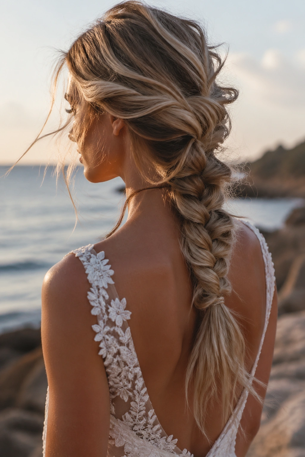 Wind-swept beach bride with messy rope braid and textured ends